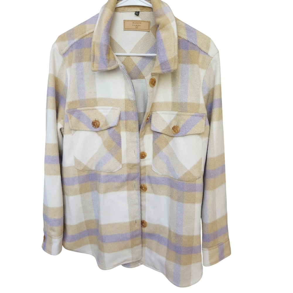 [BLANKNYC] Plaid‎ Trail Blazer Shacket Button Front Cream Beige Purple Medium - Picture 9 of 10